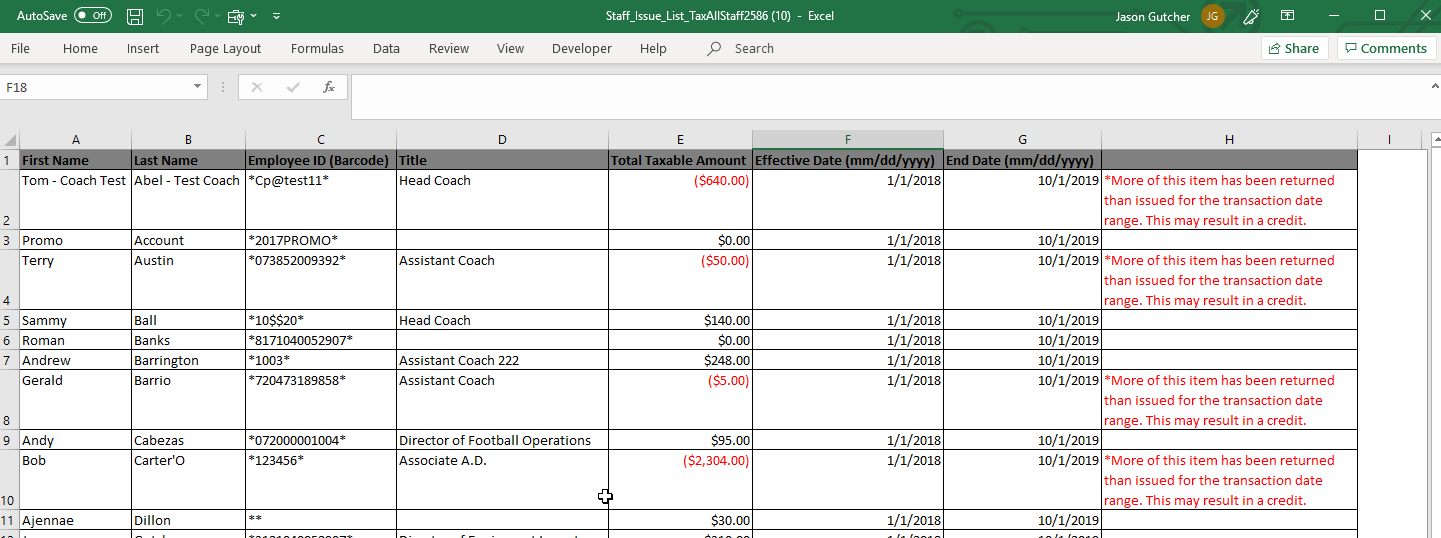 Generating a Taxable Report across All Staff & All Sports for a Time Period